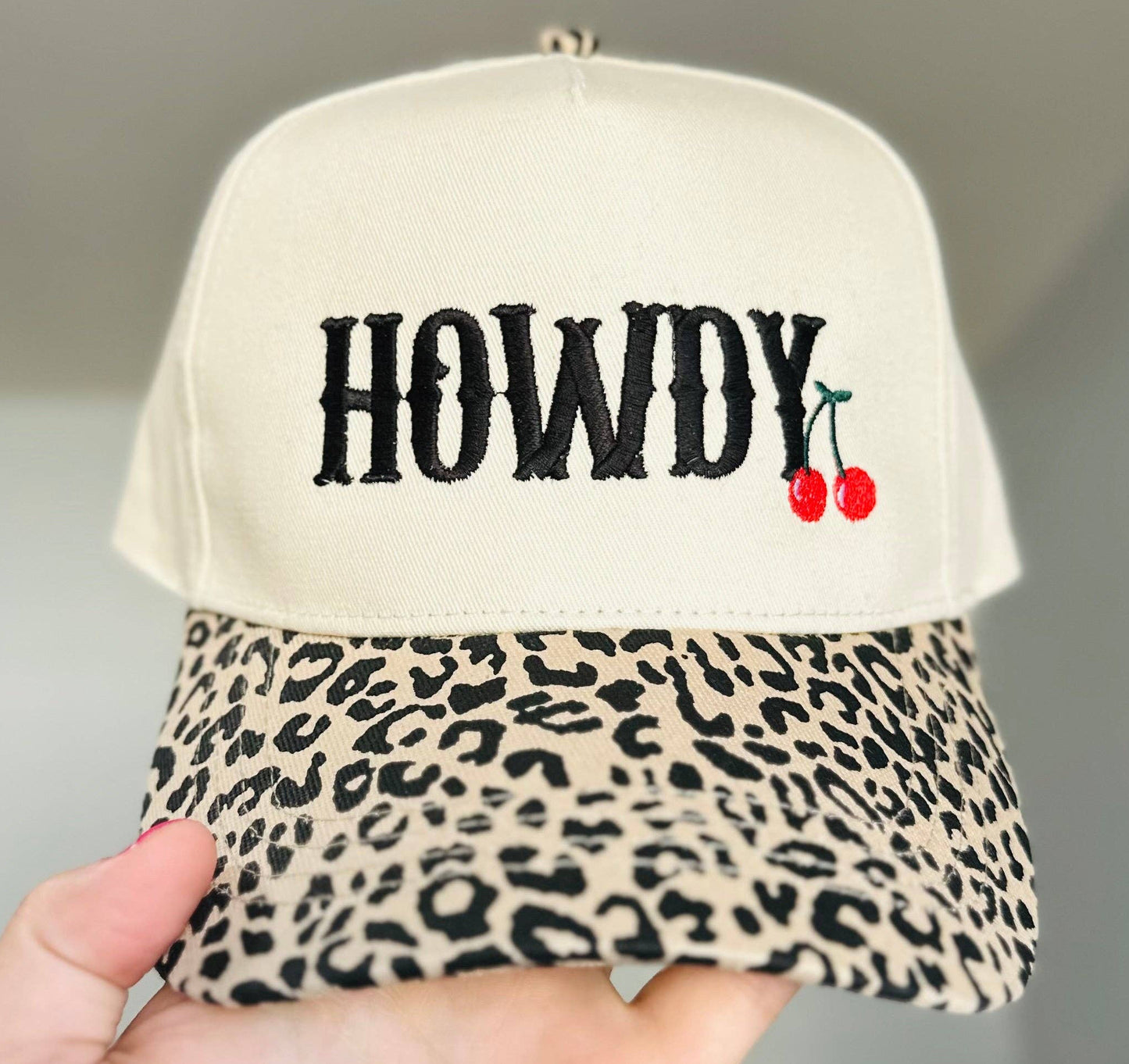 Howdy Cherry Leopard Embroidered Canvas Hat - Ready to Ship