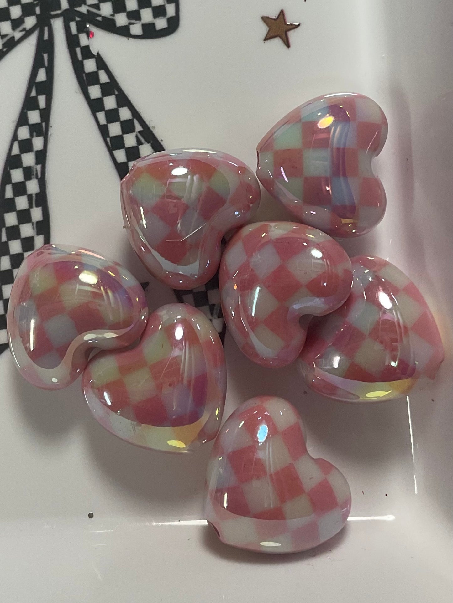 Pink Checkered Heart Beads