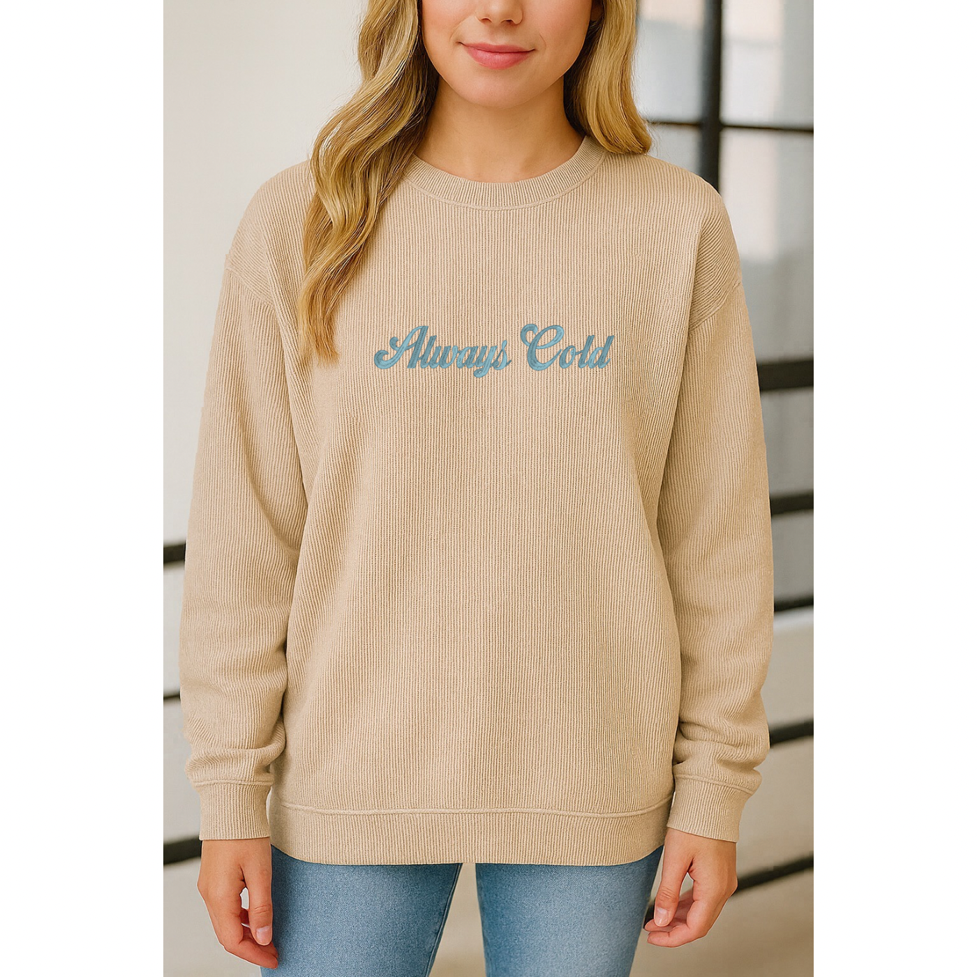 Embroidered Apricot Corded Crew