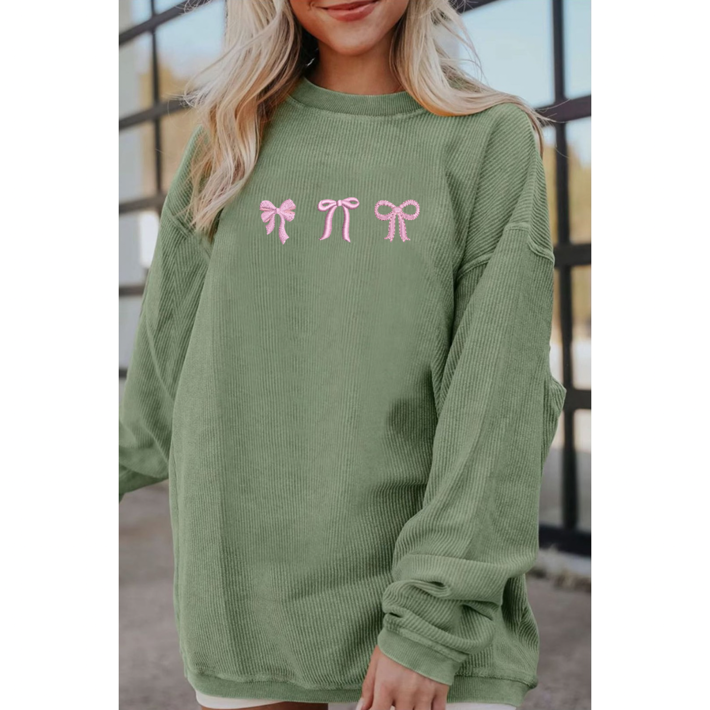Embroidered Green Corded Crew