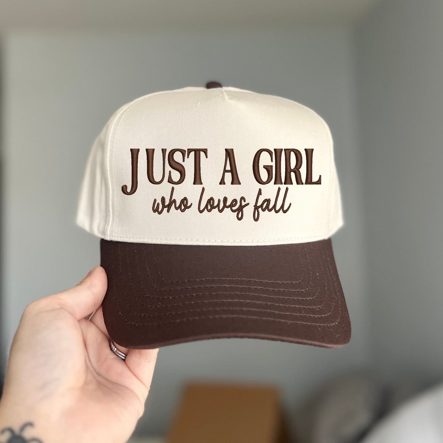 Just a Who Loves Girl Fall Embroidered Hat - Natural/Sage - Ready to Ship