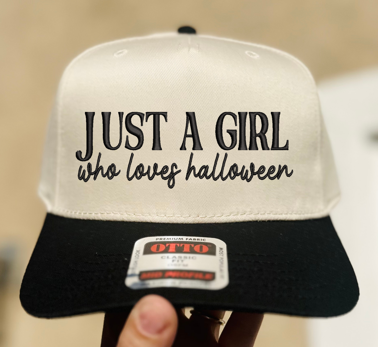 Just a girl Halloween Embroidered Hat: Solid Camo w/ Orange Thread