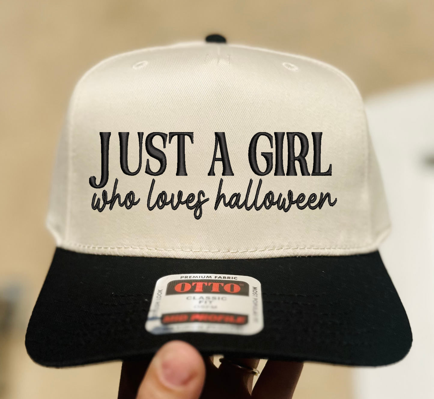 Just a Girl Who Loves Halloween Embroidered Hat - Solid Camo w/ Pink Thread - Ready to Ship