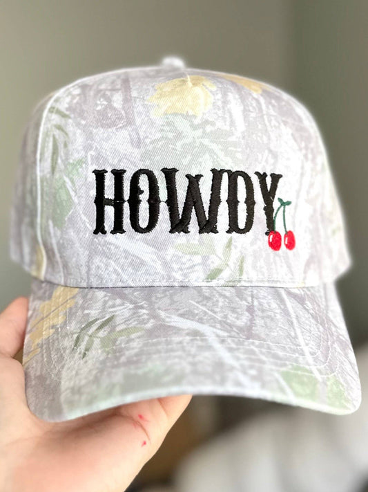 Howdy Cherry White Camo Embroidered Canvas Hat - Ready To Ship