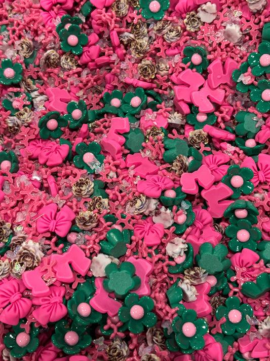 Teal floral pink bow scoop