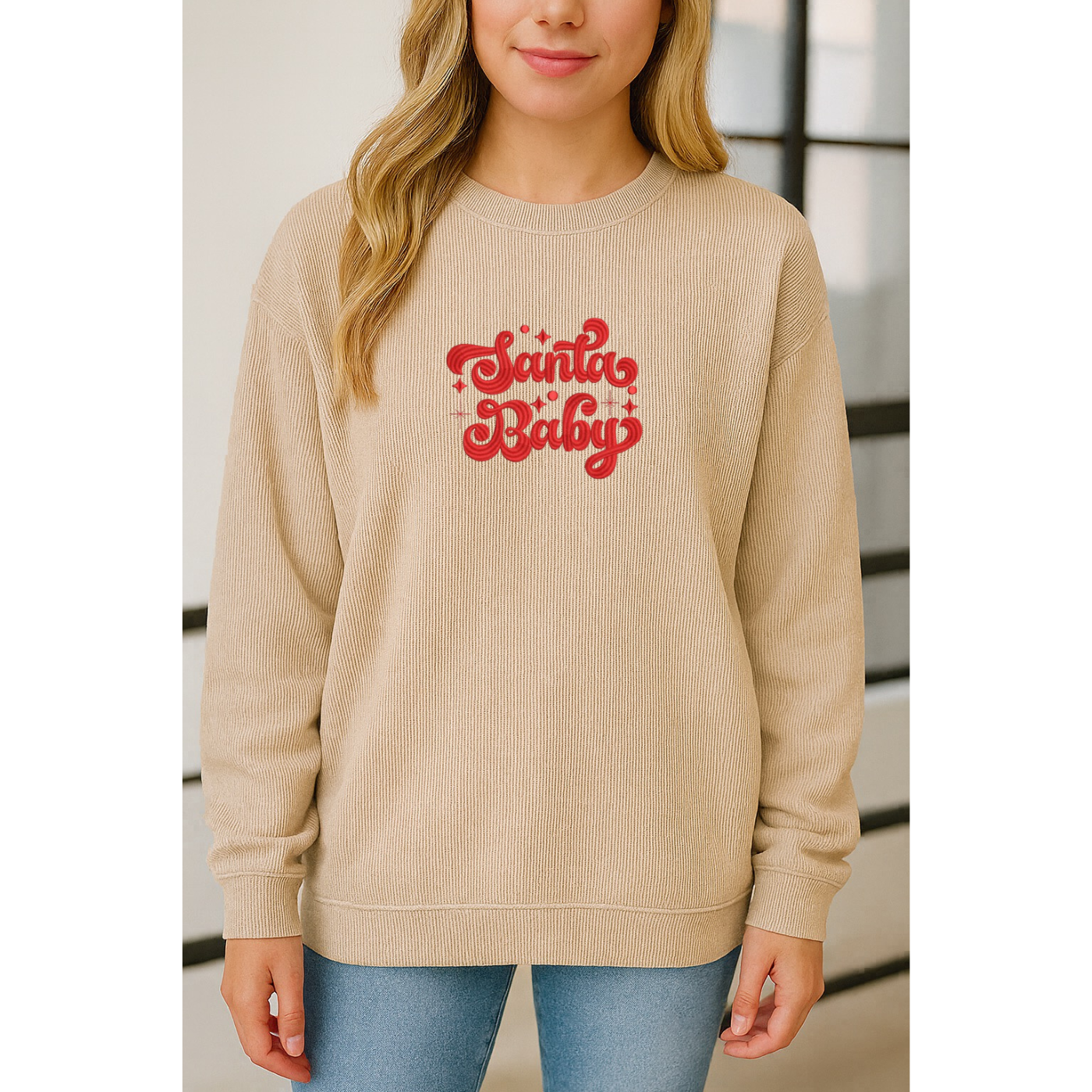 Embroidered Apricot Corded Crew