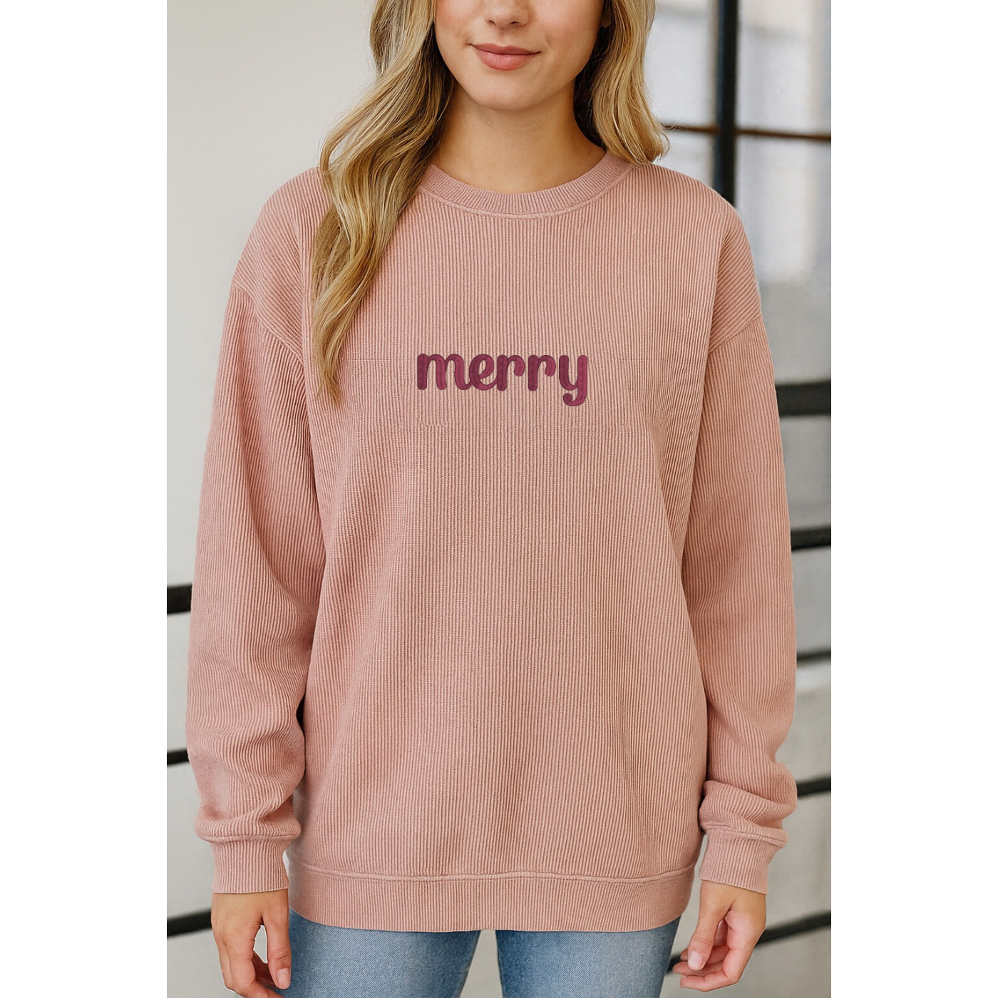 Embroidered Blush Corded Crew