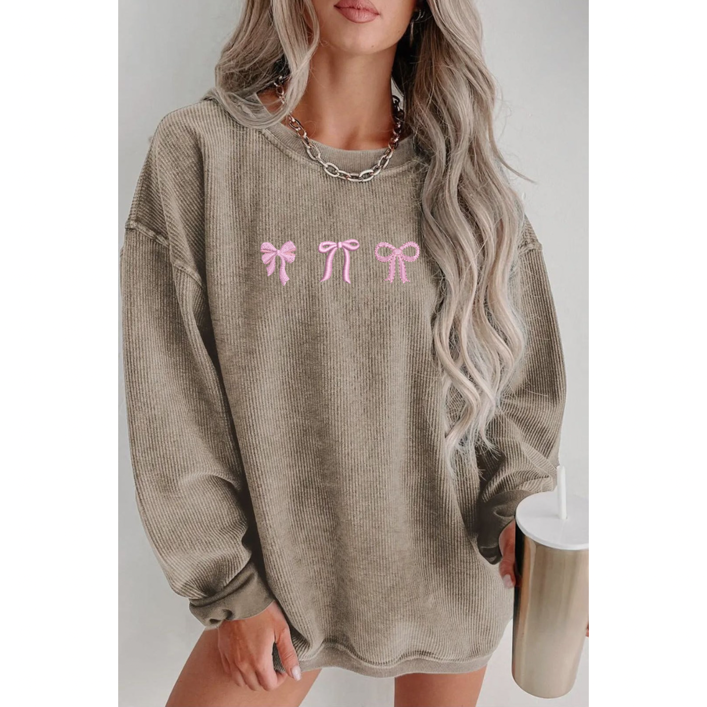 Embroidered Khaki Corded Crew