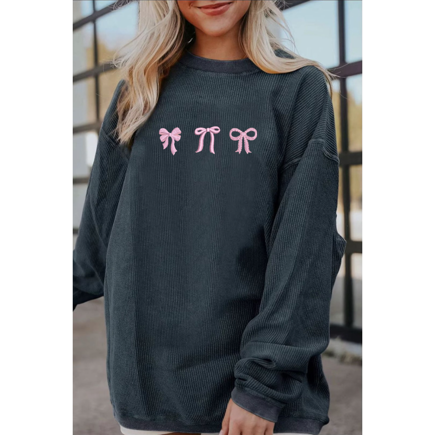 Embroidered Dark Grey Corded Crew