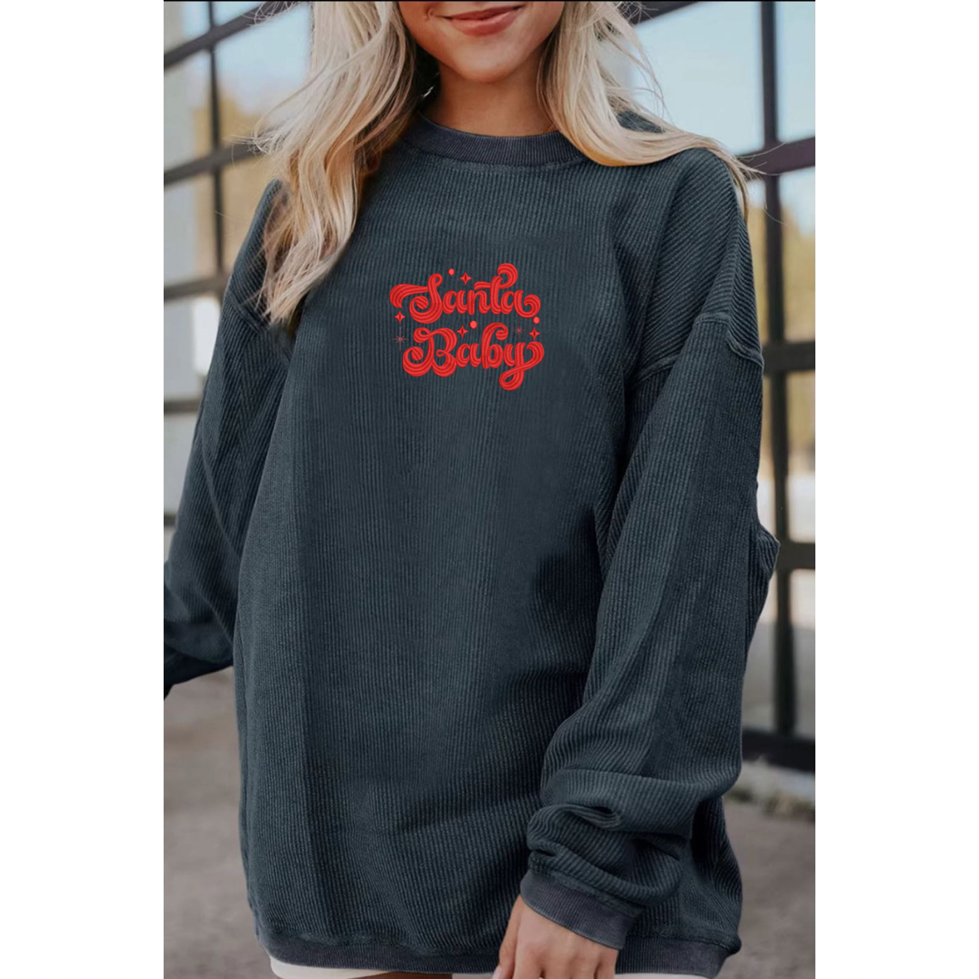 Embroidered Dark Grey Corded Crew