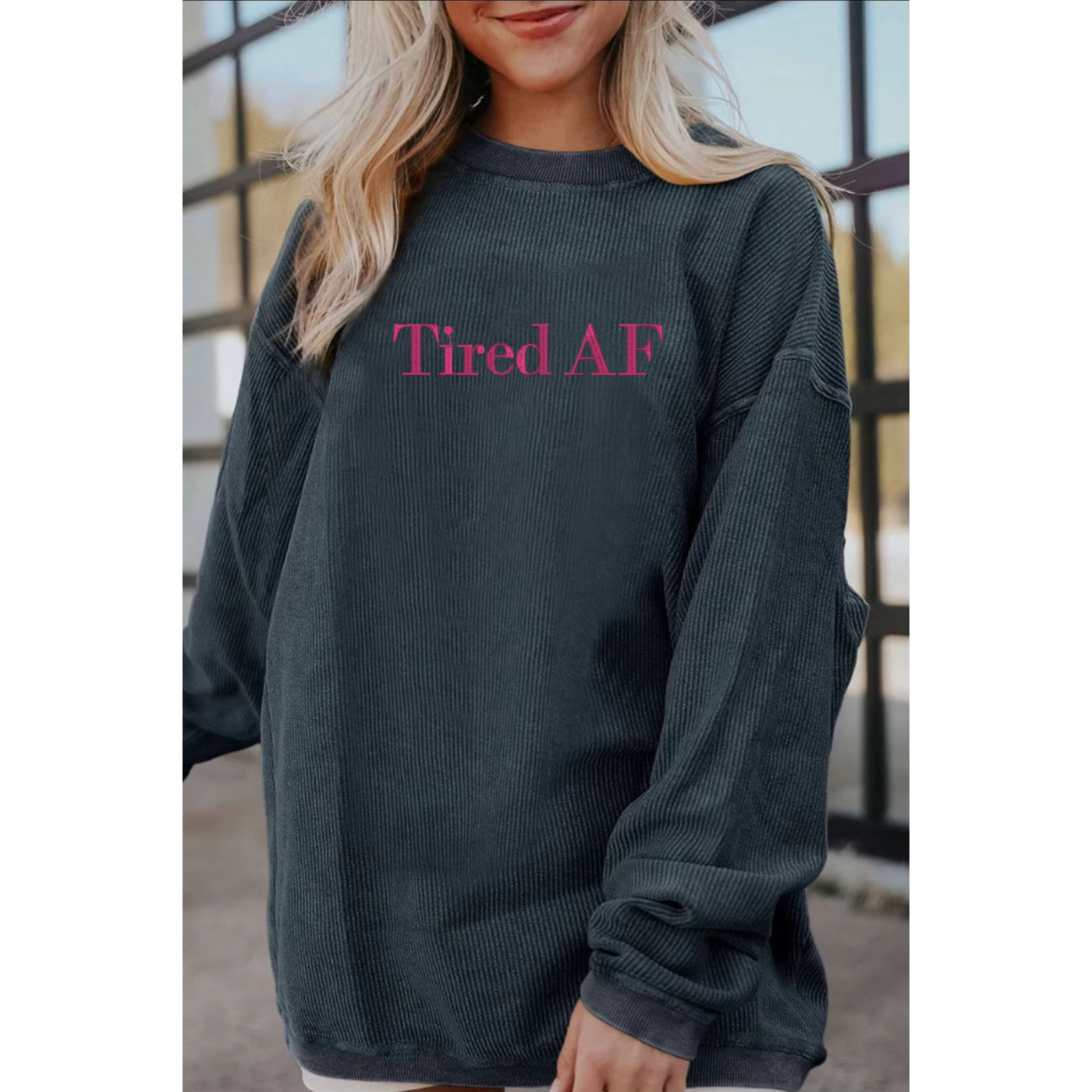 Embroidered Dark Grey Corded Crew