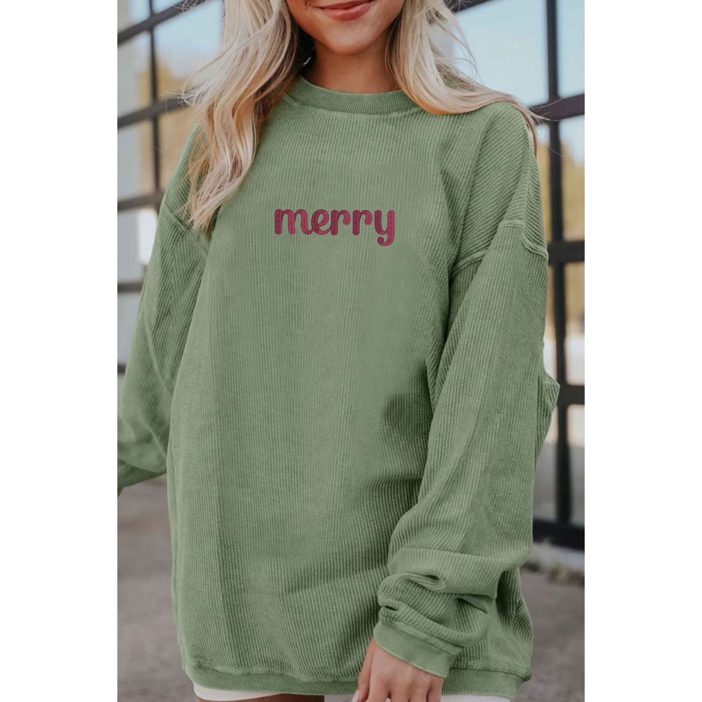 Embroidered Green Corded Crew