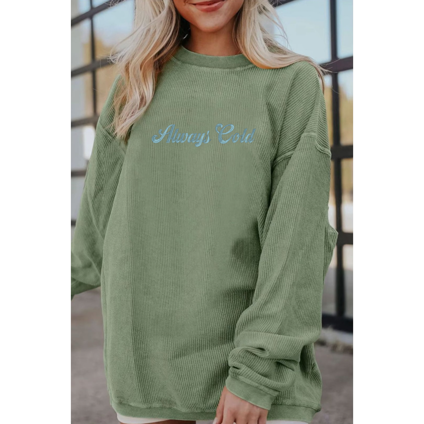 Embroidered Green Corded Crew