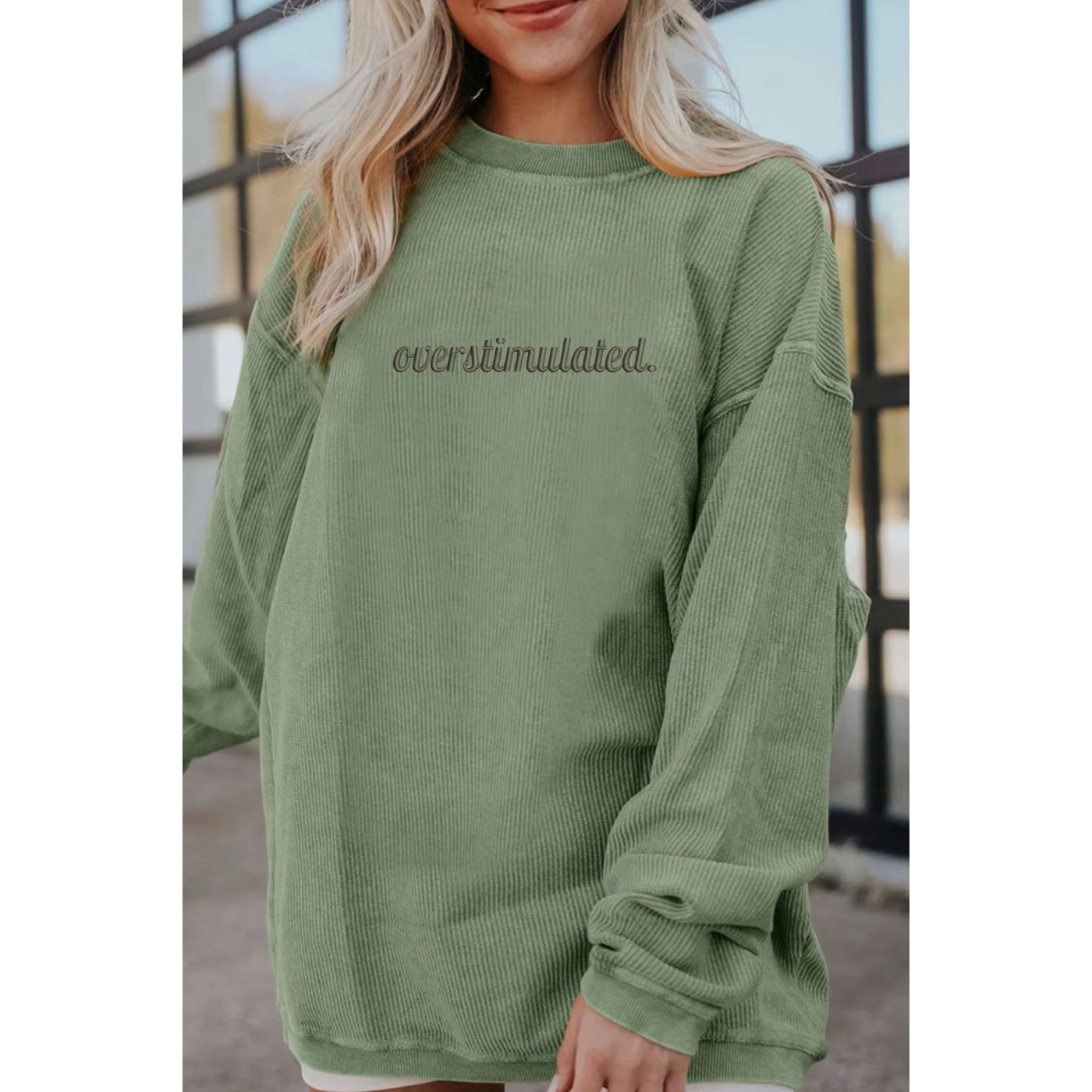 Embroidered Green Corded Crew