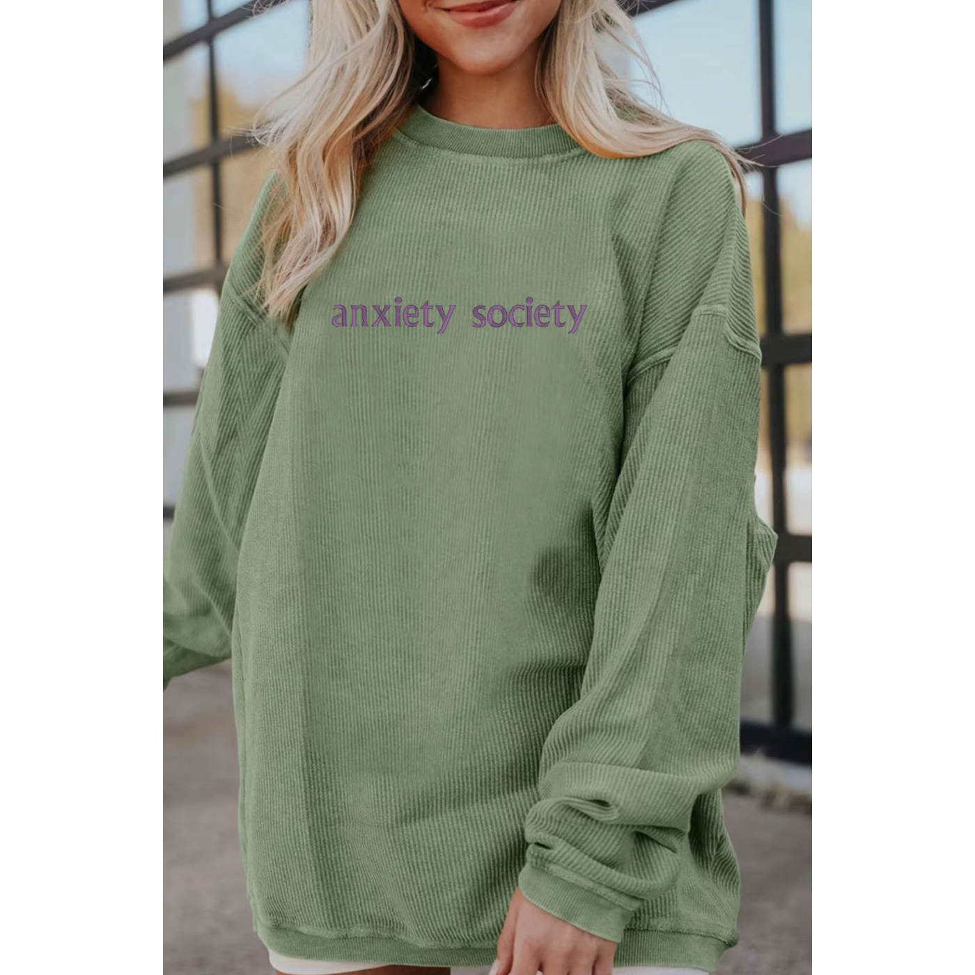 Embroidered Green Corded Crew