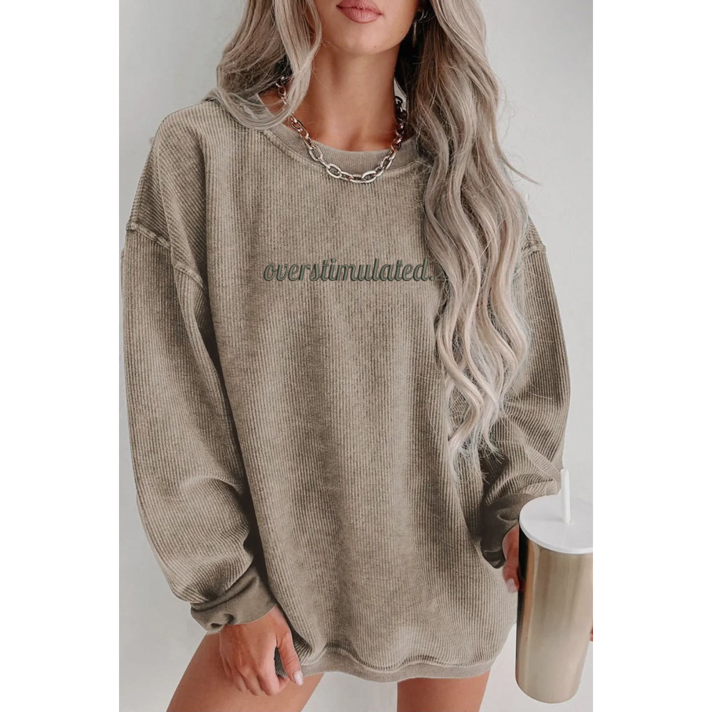 Embroidered Khaki Corded Crew