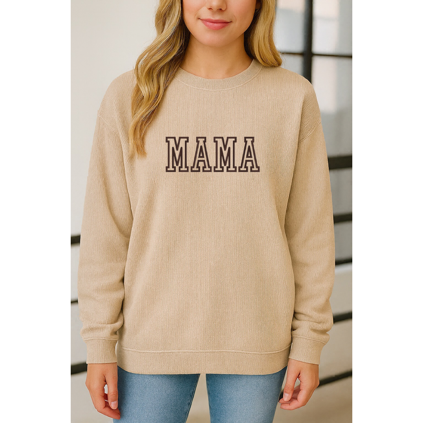 Embroidered Apricot Corded Crew