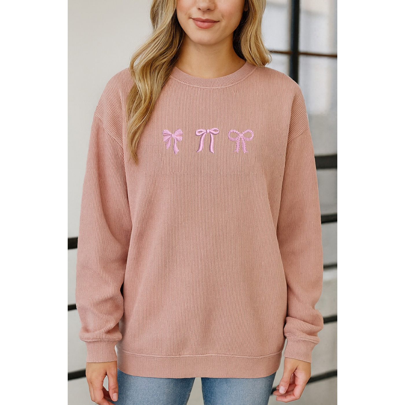 Embroidered Blush Corded Crew