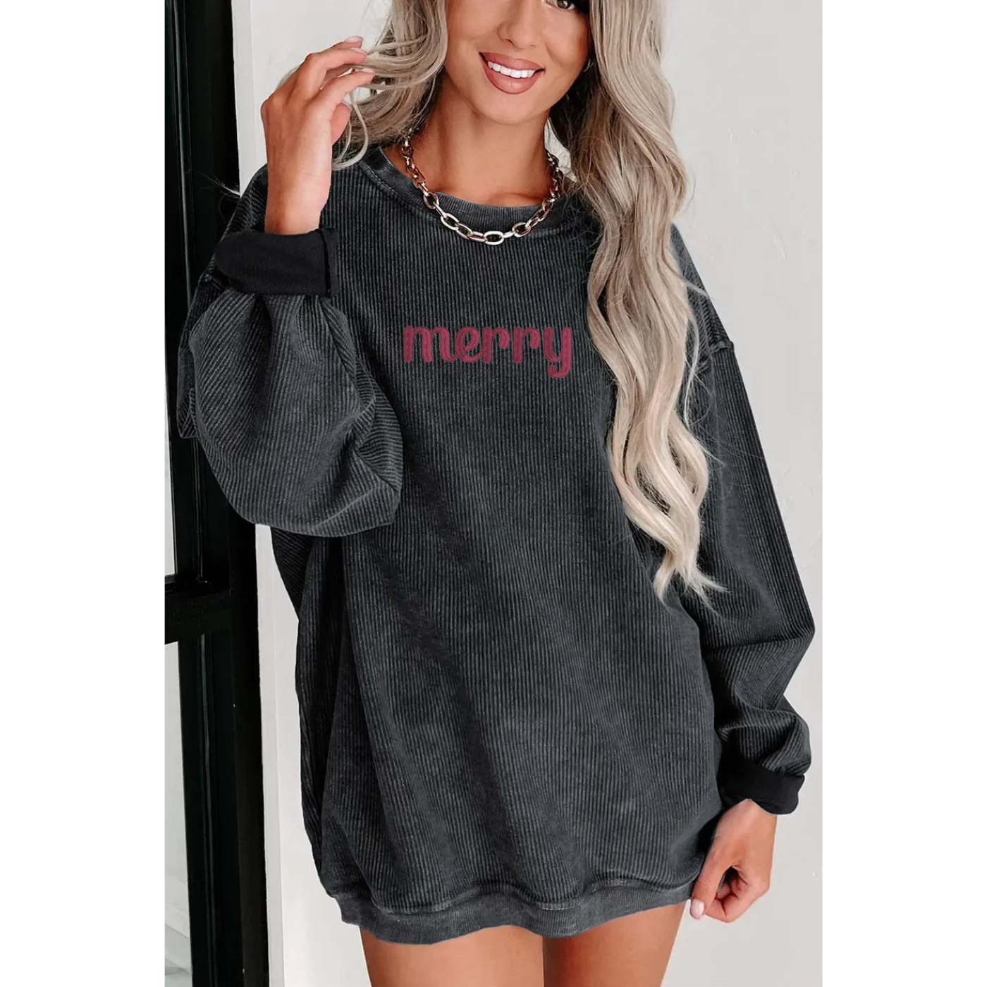 Embroidered Black Corded Crew