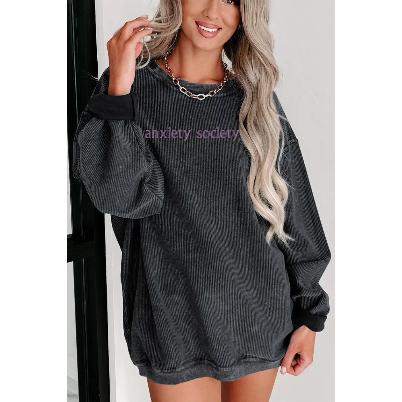 Embroidered Black Corded Crew