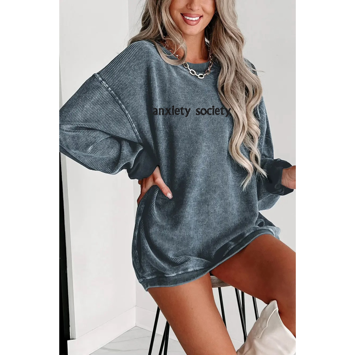 Embroidered Blue Grey Corded Crew