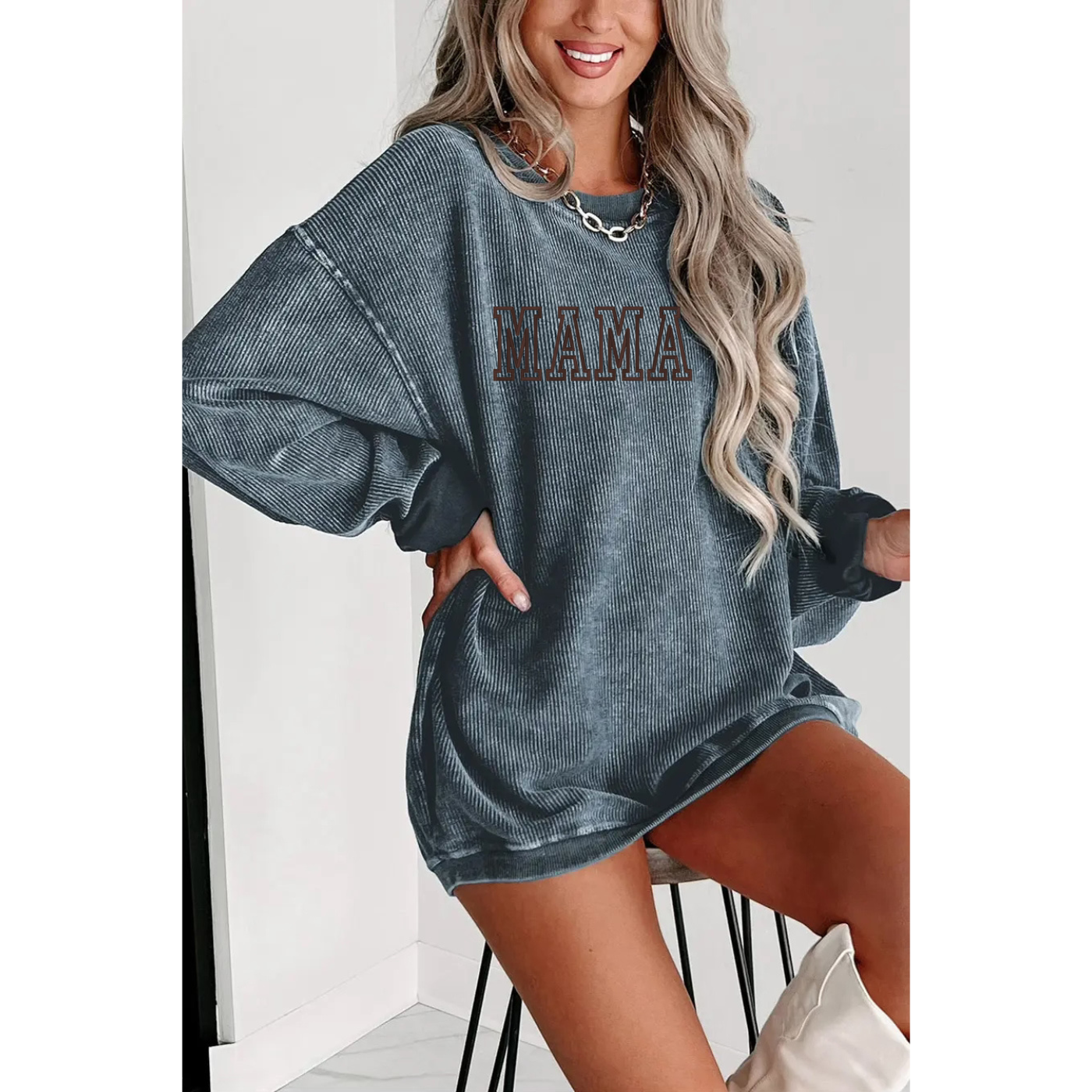 Embroidered Blue Grey Corded Crew