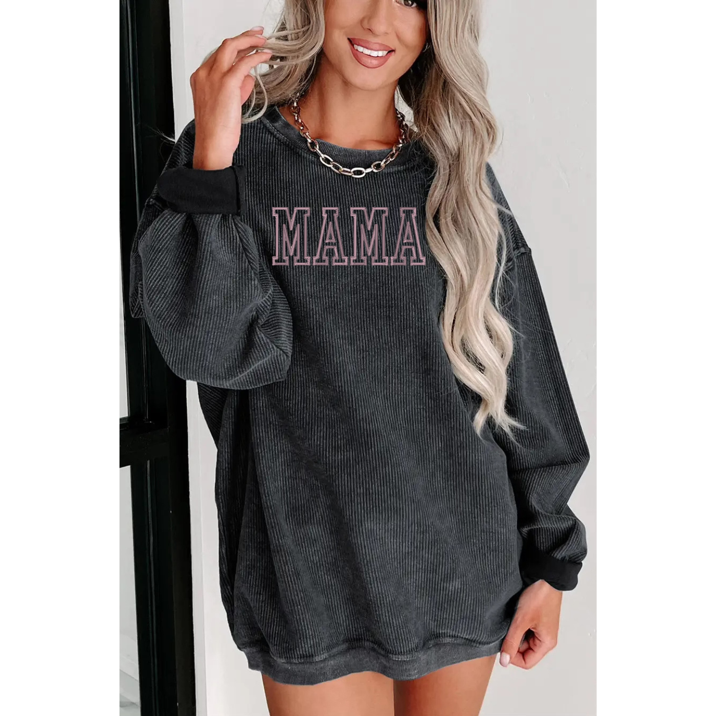 Embroidered Black Corded Crew