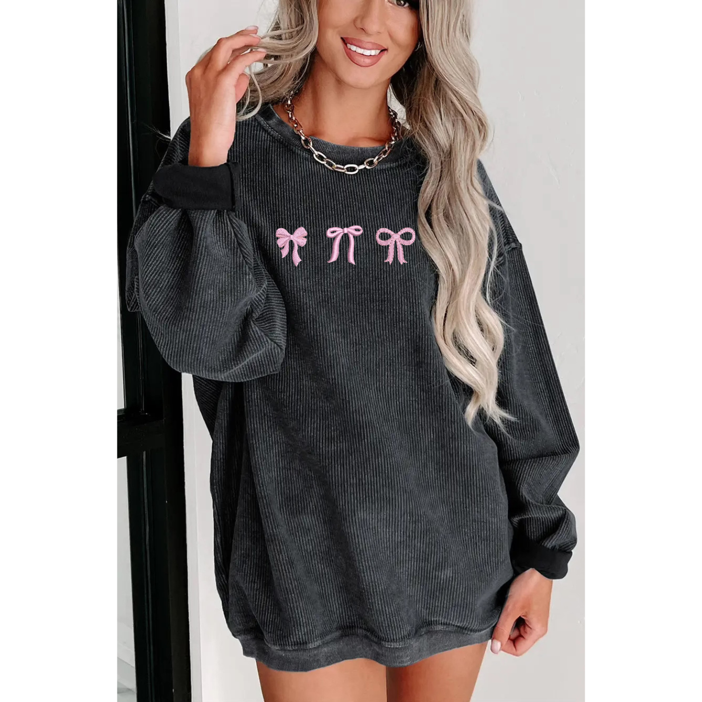 Embroidered Black Corded Crew