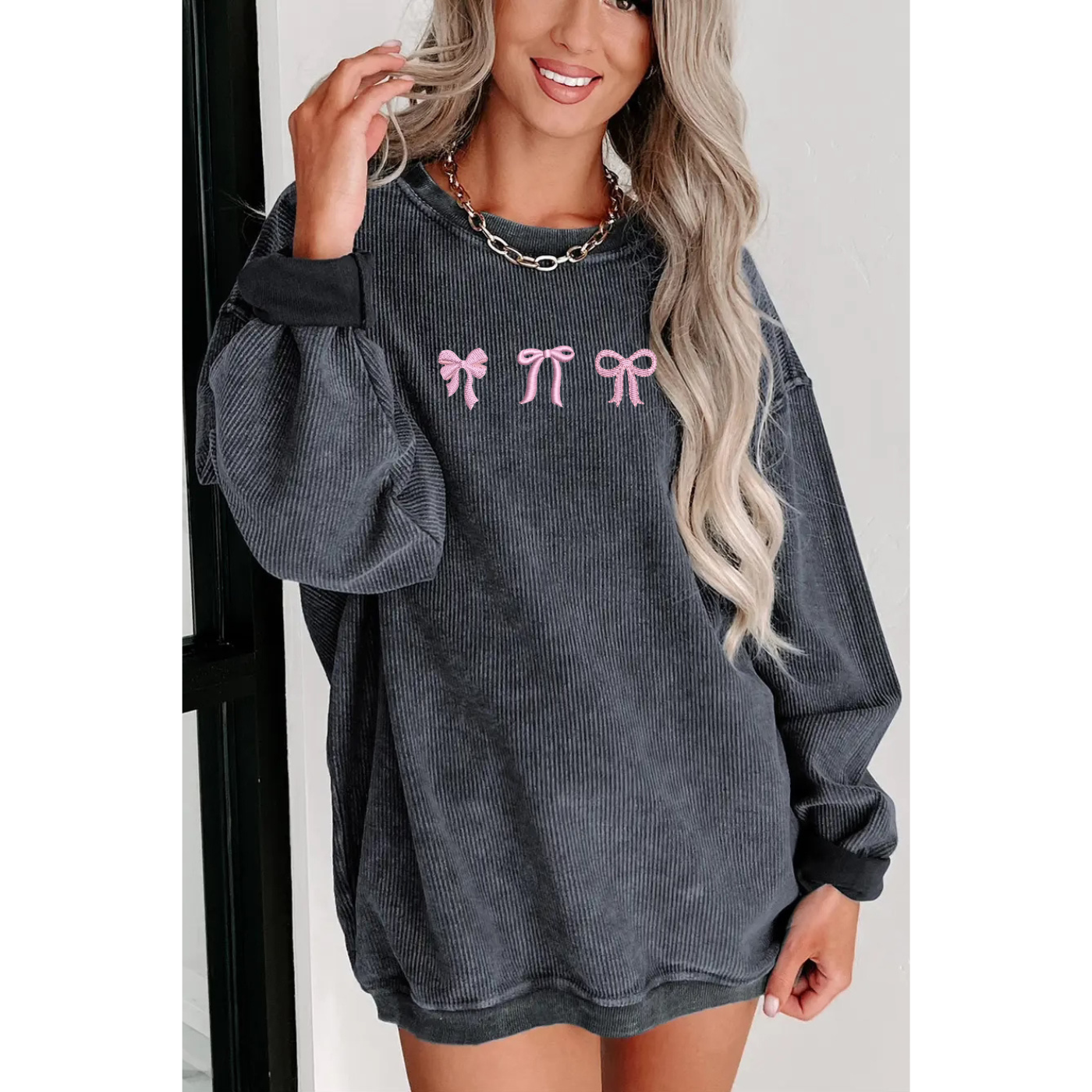 Embroidered Grey Corded Crew