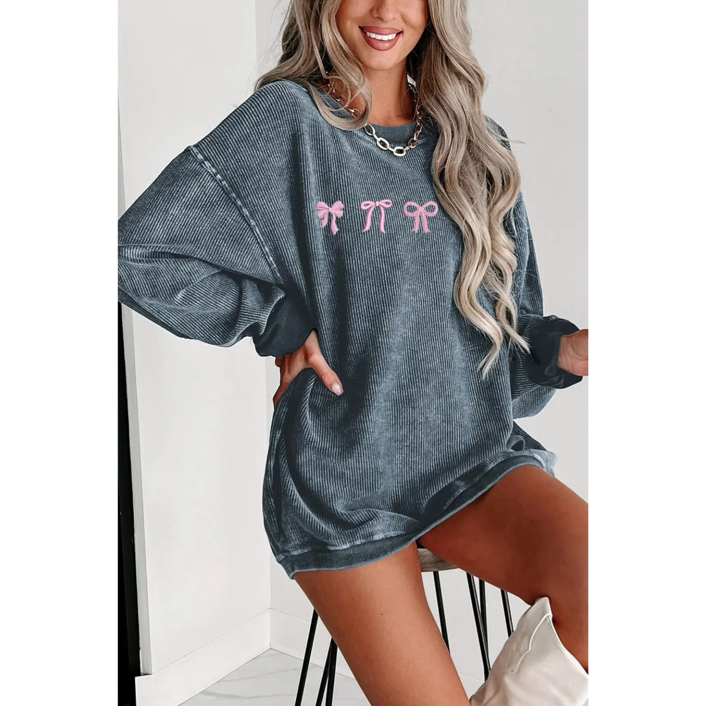 Embroidered Blue Grey Corded Crew
