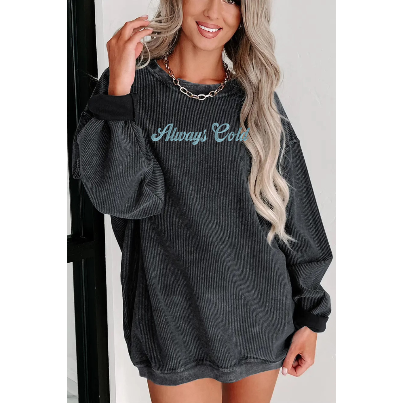 Embroidered Black Corded Crew