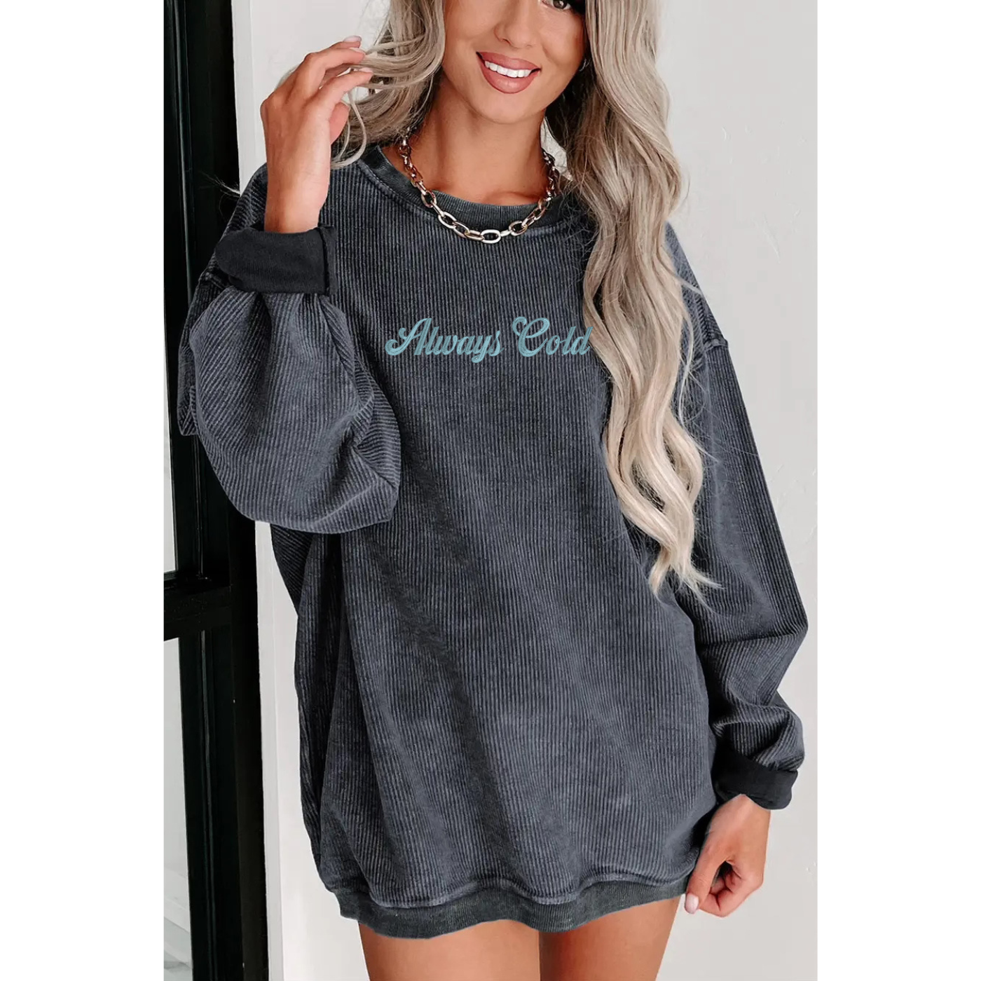 Embroidered Grey Corded Crew