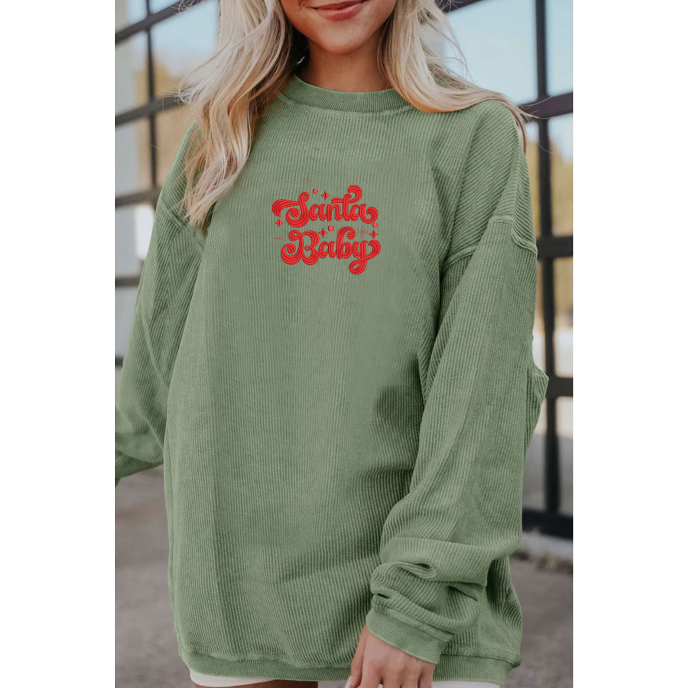 Embroidered Green Corded Crew
