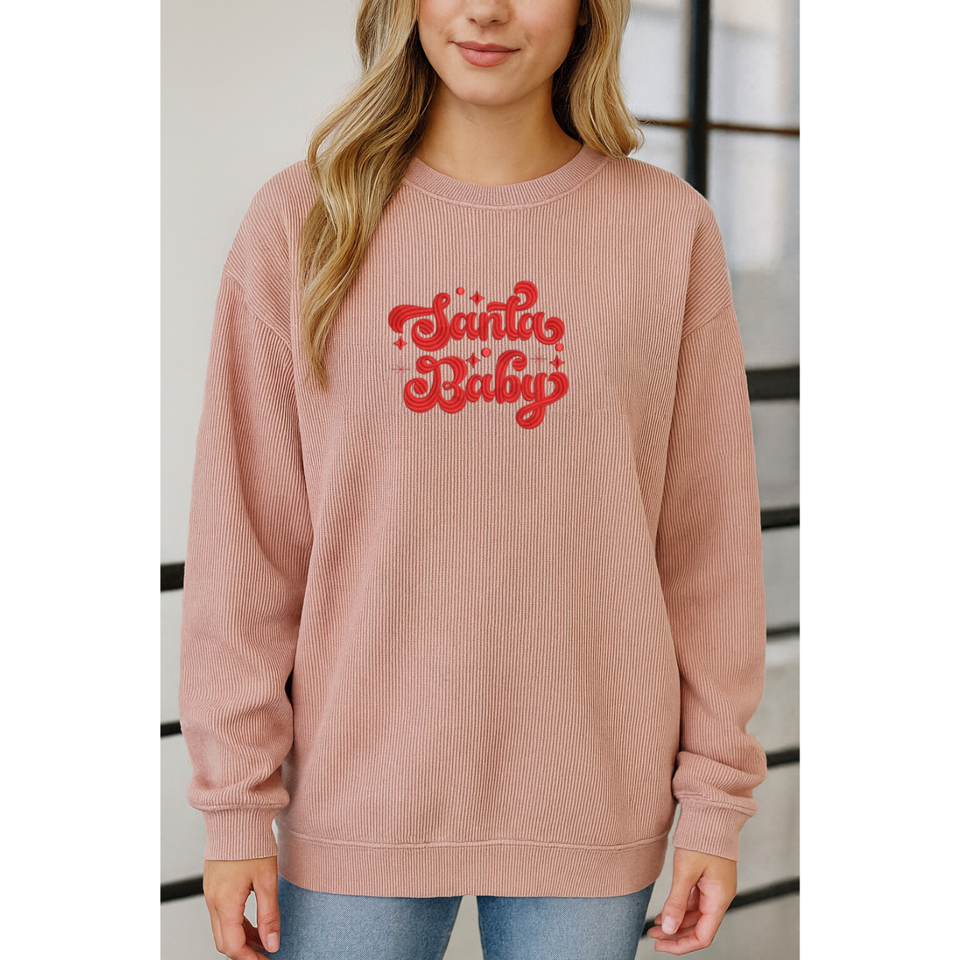 Embroidered Blush Corded Crew