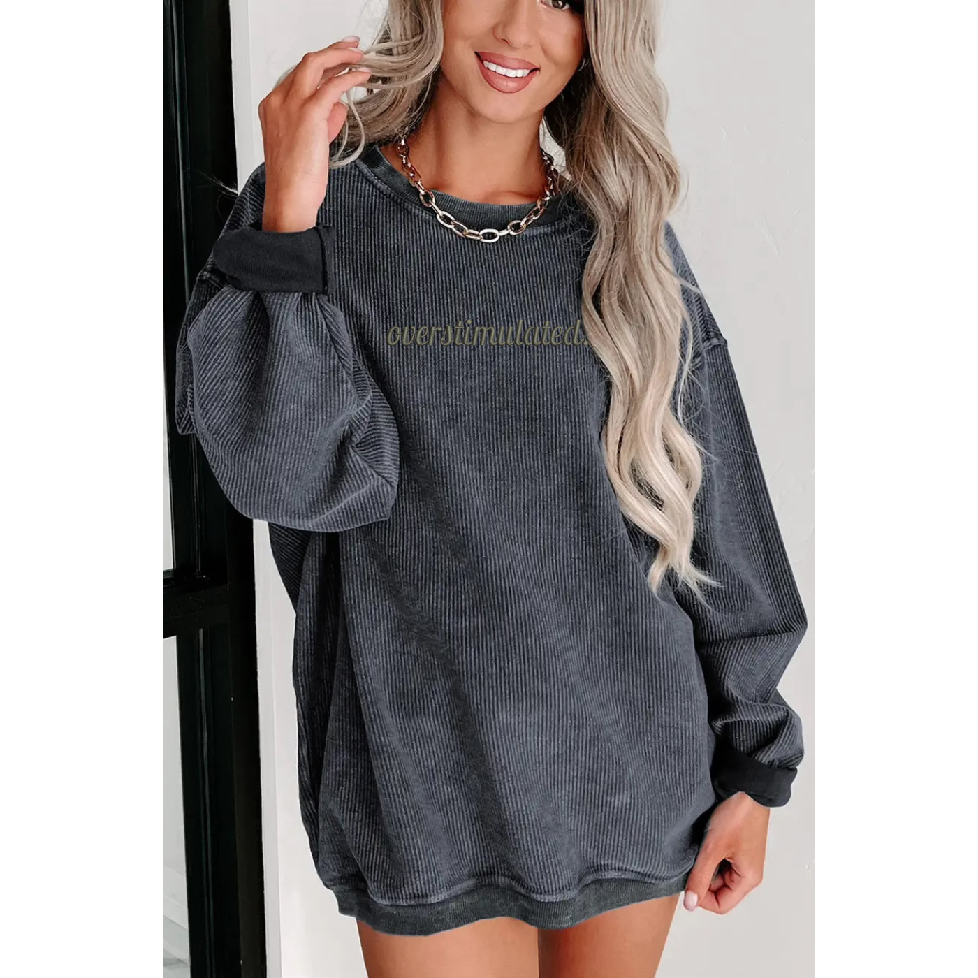 Embroidered Grey Corded Crew