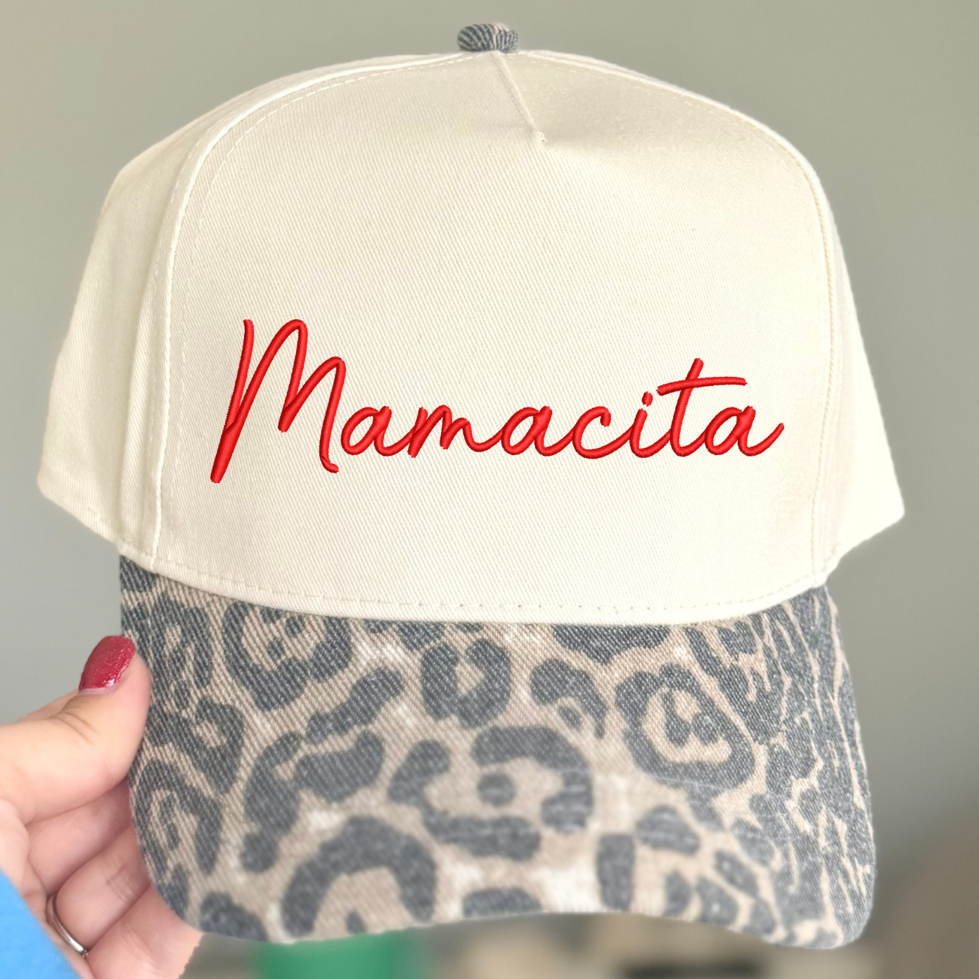 Mamacita Dark Leopard Embroidered Canvas Hat - Red Thread - Ready To Ship