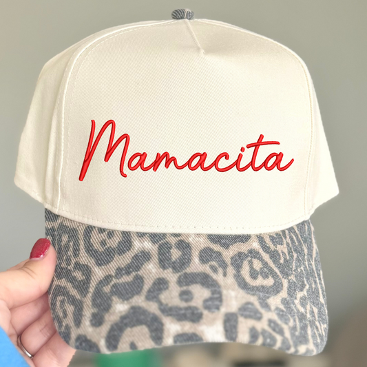 Mamacita Dark Leopard Embroidered Canvas Hat - Red Thread - Ready To Ship