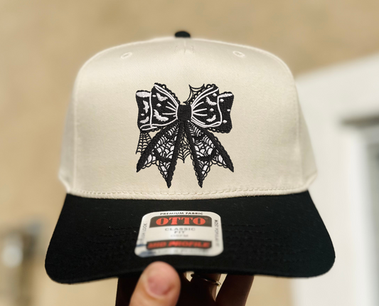 Spooky Halloween Bow Embroidered Hat - Natural/Black - Ready to Ship
