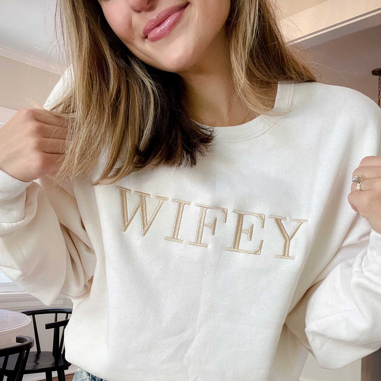 Embroidered Wifey Crewneck Sweatshirt: Off-White